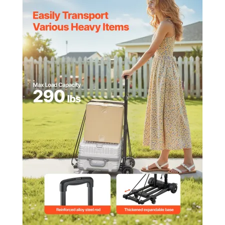 VEVOR Folding Hand Truck, 131.5 kg Load Capacity, Collapsible Luggage Cart with 4 Wheels, 2 Elastic Ropes & Expandable Base, Uti