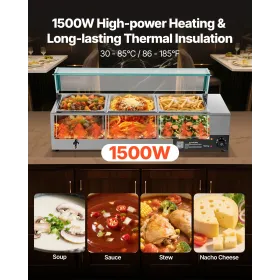 Commercial Food Warmer, 1500W Electric Stainless Steel Steam Food Warmer with Glass Cover, 3-Pan Countertop Buffet Bain Marie wi