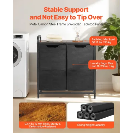 VEVOR 2 Section Laundry Sorter, Large Laundry Hamper with Metal Frame and Wooden Tabletop, Freestanding Storage Organizer Basket