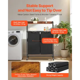 VEVOR 2 etagers vasketøjssortering, høj vasketøjskurv med metalramme og træbordplade, 2-sektions rullende kurveorganisering