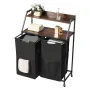 2 Tiers Laundry Sorter, Tall Laundry Hamper with Metal Frame and Wooden Tabletop, 2 Section Rolling Basket Organizer Storage wit