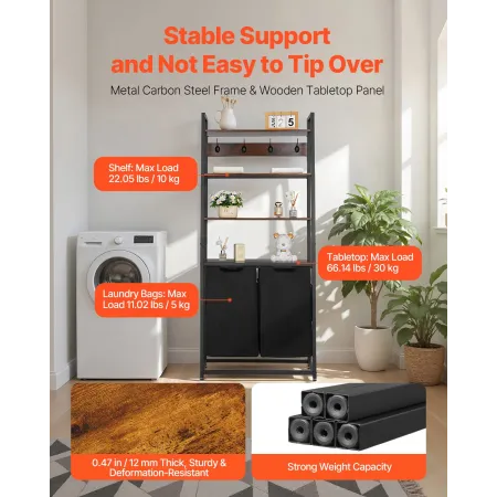 VEVOR 4 etagers vasketøjssortering, høj vasketøjskurv med hylder og kroge, 2-sektions fritstående kurvearrangøropbevaring med 6