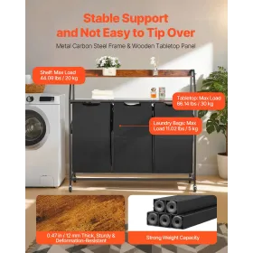 VEVOR 2 Tiers Laundry Sorter, Tall Laundry Hamper with Metal Frame and Wooden Tabletop, 3 Section Rolling Basket Organizer Stora