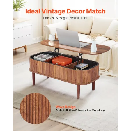 VEVOR 1000 mm Lift Top Sofabord, Riflet Oval Sofabord med 3 Skjulte Rum, Mid Century Træ Oval Center Skrivebord med