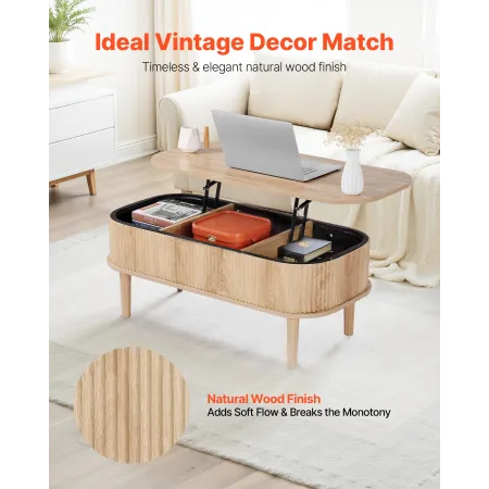 VEVOR 1000 mm Lift Top Coffee Table, Fluted Oval Coffee Table with 3 Hidden Compartment, Mid Century Wooden Oval Center Desk wit