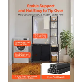 VEVOR 3 Tiers Laundry Sorter with Rack, Tall Laundry Hamper with Shelves and Drawers, 2 Section Freestanding Hanging Rack Storag