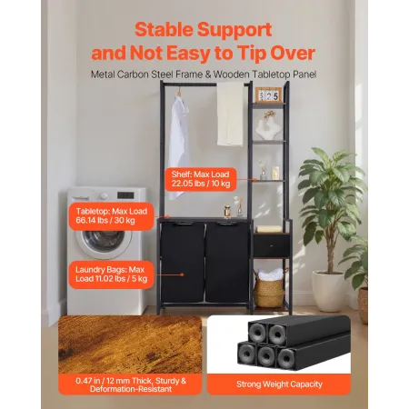 VEVOR 3 Tiers Laundry Sorter with Rack, Tall Laundry Hamper with Shelves and Drawers, 2 Section Freestanding Hanging Rack Storag