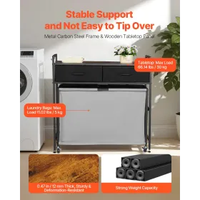 VEVOR 3 Section Laundry Sorter, Rolling Laundry Hamper with 2 Drawers, Hooks & Wheels, Rolling Basket Organizer Storage with Pul