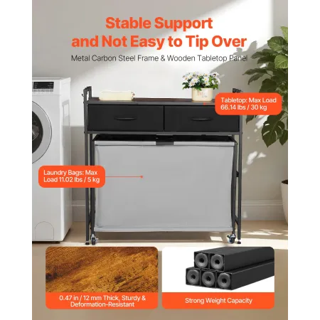 VEVOR 3-sektions vasketøjssortering, rullende vasketøjskurv med 2 skuffer, kroge og hjul, opbevaring af rullekurv med Pul