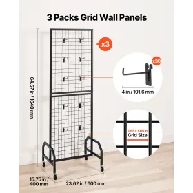 VEVOR 3 Packs Grid Wall Panels, 600 x 1640mm Wire Grid Panels Display Rack, Movable Art Display Shelf with Wheels and 30 Hooks, 