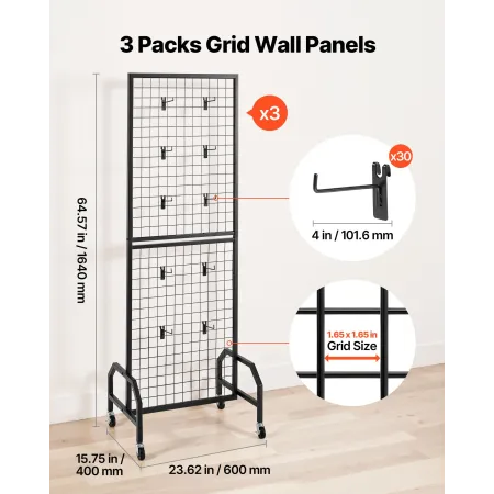 VEVOR 3 Packs Grid Wall Panels, 600 x 1640mm Wire Grid Panels Display Rack, Movable Art Display Shelf with Wheels and 30 Hooks, 