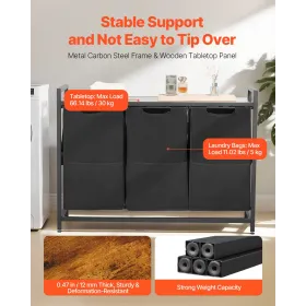 VEVOR 3 Section Laundry Sorter, Large Laundry Hamper with Metal Frame and Wooden Tabletop, Freestanding Storage Organizer Basket