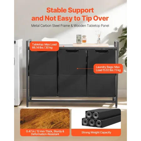 VEVOR 3 Section Laundry Sorter, Large Laundry Hamper with Metal Frame and Wooden Tabletop, Freestanding Storage Organizer Basket