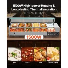 VEVOR Commercial Food Warmer, 1500W Electric Stainless Steel Steam Food Warmer with Glass Cover, 6 x 1/3 Size Pans Buffet Bain M