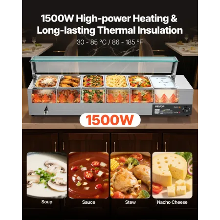VEVOR kommerciel madvarmer, 1500 W elektrisk dampvarmer i rustfrit stål med glaslåg, 6 x 1/3 størrelse pander Buffet Bain M