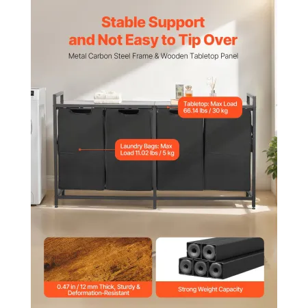 4 Section Laundry Sorter, Large Laundry Hamper with Metal Frame and Wooden Tabletop, Freestanding Storage Organizer Baskets with