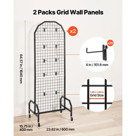 2 Packs Grid Wall Panels, 600 x 1640mm Wire Grid Panels Display Rack, Movable Art Display Shelf with Wheels and 20 Hooks, Black 