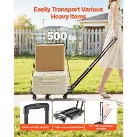 Folding Hand Truck, 226.8 kg Load Capacity, Collapsible Luggage Cart with 6 Wheels, 2 Elastic Ropes & Expandable Base, Utility D