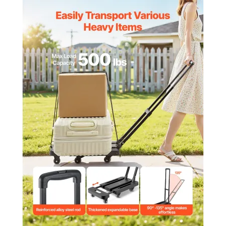 Folding Hand Truck, 226.8 kg Load Capacity, Collapsible Luggage Cart with 6 Wheels, 2 Elastic Ropes & Expandable Base, Utility D