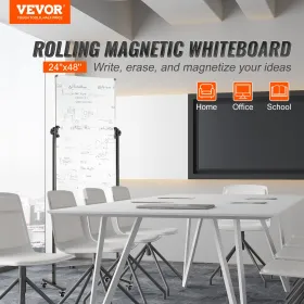 Rolling Magnetic Whiteboard, Double-sided Mobile Whiteboard 24x48 Inches, Adjustable Height Dry Erase Board with Wheels, 1