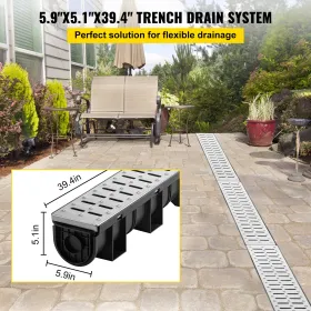 VEVOR Trench Drain System, Channel Drain with Metal Grate, 150x130 mm HDPE Drainage Trench, Black Plastic Garage Floor Drain, 3x
