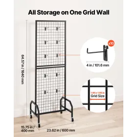 Grid Wall Panel, 600 x 1640 mm Wire Grid Panels Display Rack, Movable Art Display Shelf with Wheels and 10 Hooks, Black Carbon S