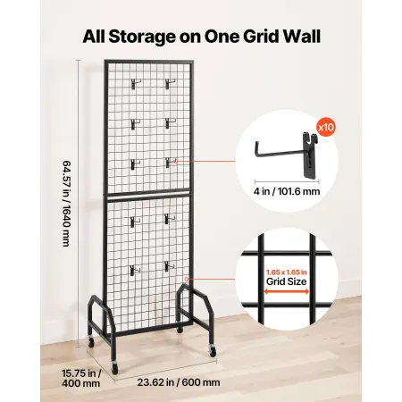Grid Wall Panel, 600 x 1640 mm Wire Grid Panels Display Rack, Movable Art Display Shelf with Wheels and 10 Hooks, Black Carbon S
