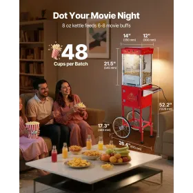 VEVOR popcornmaskine med vogn, 0,2 kg kedel i rustfrit stål, 800 W kommerciel popcornmaskine, 48 kopper pr. batch Teaterstil Po
