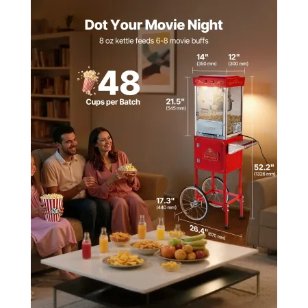 VEVOR Popcorn Machine with Cart, 0.2kg Stainless Steel Kettle, 800W Commercial Popcorn Maker, 48 Cups per Batch Theater Style Po