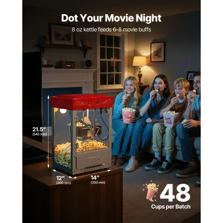 VEVOR popcornmaskine, 0,2 kg kedel i rustfrit stål, 800 W kommerciel popcornmaskine til bordplade, 48 kopper pr. batch Theater