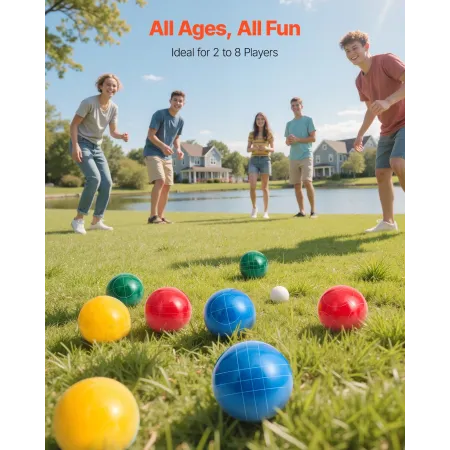 Bocce Ball Set, 90 mm, with 8 Resin Balls, Pallino, Carrying Bag and Measuring Rope, Red/Green/Blue/Yellow 4 Colors, for 2 to 8 