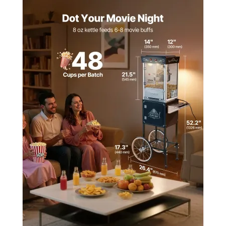 VEVOR Popcorn Machine with Cart, 0.2kg Stainless Steel Kettle, 800W Commercial Popcorn Maker, 48 Cups per Batch Theater Style Po