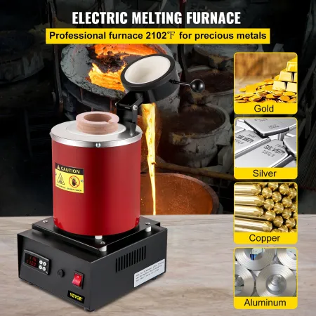 VEVOR Gold Melting Furnace, 1350W, 1150 ℃ Max Temperature, Digital Electric Melting Furnace, with 3 kg Ceramic Crucible, Ingot D