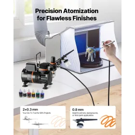 VEVOR Airbrush Kit, 1/6 HP, Air Brush Kit med luftkompressor, 3 Dual-Action Professional Airbrushes med 3 spidser, slange, akryl
