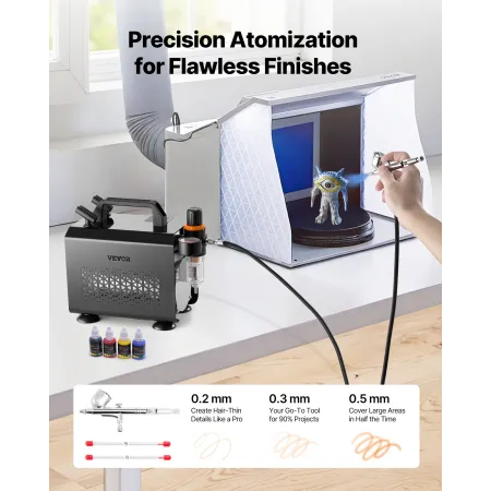 Airbrush Kit, 1/6 HP, Air Brush Kit with Air Compressor, 1 Dual-Action Professional Airbrush with 3 Tips, Hose, Acrylic Paint, B