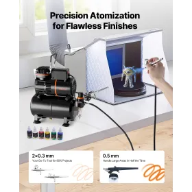Airbrush Kit, 1/6 HP, Air Brush Kit with Air Compressor and Tank, 3 Dual-Action Professional Airbrushes with 3 Tips, Hose, Acryl