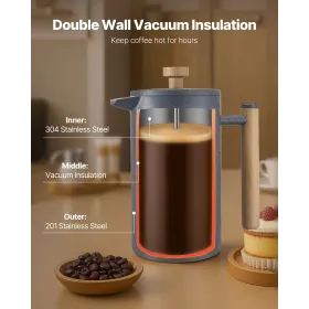 VEVOR French Press kaffemaskine, 1 liter rustfrit stål kaffepresse temaskine med filter, stor dobbeltvæg isoleret fransk