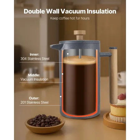 VEVOR French Press kaffemaskine, 1 liter rustfrit stål kaffepresse temaskine med filter, stor dobbeltvæg isoleret fransk