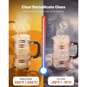 VEVOR French Press kaffemaskine, 1 liter borosilikatglas kaffepresse temaskine med rustfrit stålfilter, stort glasfren