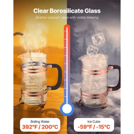 French Press kaffemaskine, 1 liter borosilikatglas kaffepresse