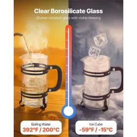 French Press kaffemaskine, 1 liter borosilikatglas kaffepresse
