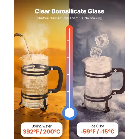 VEVOR French Press kaffemaskine, 1 liter borosilikatglas kaffepresse temaskine med rustfrit stålfilter, stort glasfren