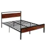 Queen Size Bed Frame, 35 cm Black Metal Platform Bed Frame with Retro Brown Wooden Headboard and Footboard, Large Under-Bed Stor