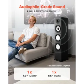 Passive Floorstanding Speaker, 2-Way, Floor-Standing Tower Speaker with 25.4 mm Tweeter, 165.1 mm Woofer, 200W Peak Power, 70Hz–