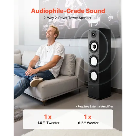 Passive Floorstanding Speaker, 2-Way, Floor-Standing Tower Speaker with 25.4 mm Tweeter, 165.1 mm Woofer, 200W Peak Power, 70Hz–