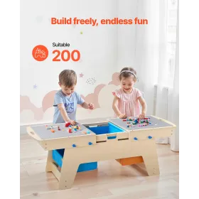 Kids Reversible Wooden Activity Table, Multi-Purpose Activity Play Table with 200 Building Bricks & 3 Storage Bins for Kids 3+ Y