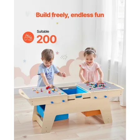 Kids Reversible Wooden Activity Table, Multi-Purpose Activity Play Table with 200 Building Bricks & 3 Storage Bins for Kids 3+ Y