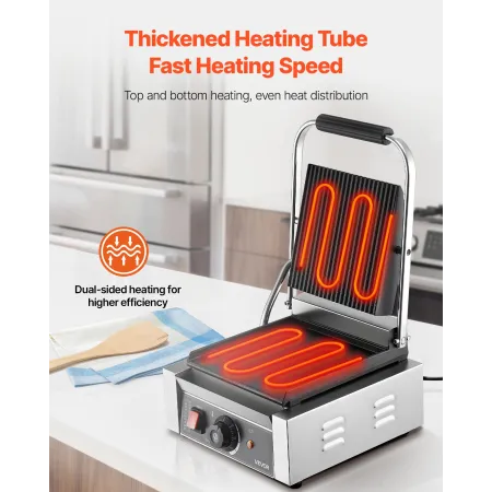 VEVOR Commercial Panini Grill, 1800W Electric Sandwich Panini Maker, Stainless Steel Sandwichs Press Grill with Handle and Temp 