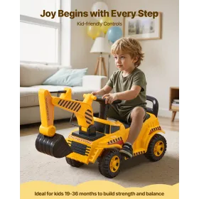 Ride On Toddler Car, Push Car for Toddler 19 to 36 Months, Excavator Digger Toy with Helmet & Music, 25 kg Load Capacity, Foot-t