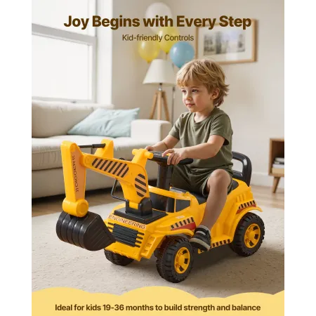 Ride On Toddler Car, Push Car for Toddler 19 to 36 Months, Excavator Digger Toy with Helmet & Music, 25 kg Load Capacity, Foot-t